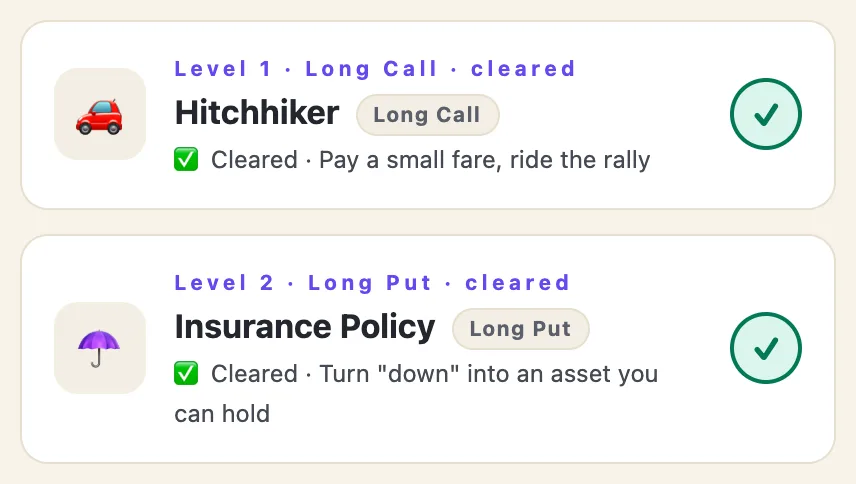 The first two level cards in the Forge: Hitchhiker (long call) and Insurance Policy (long put), each with a one-line brief